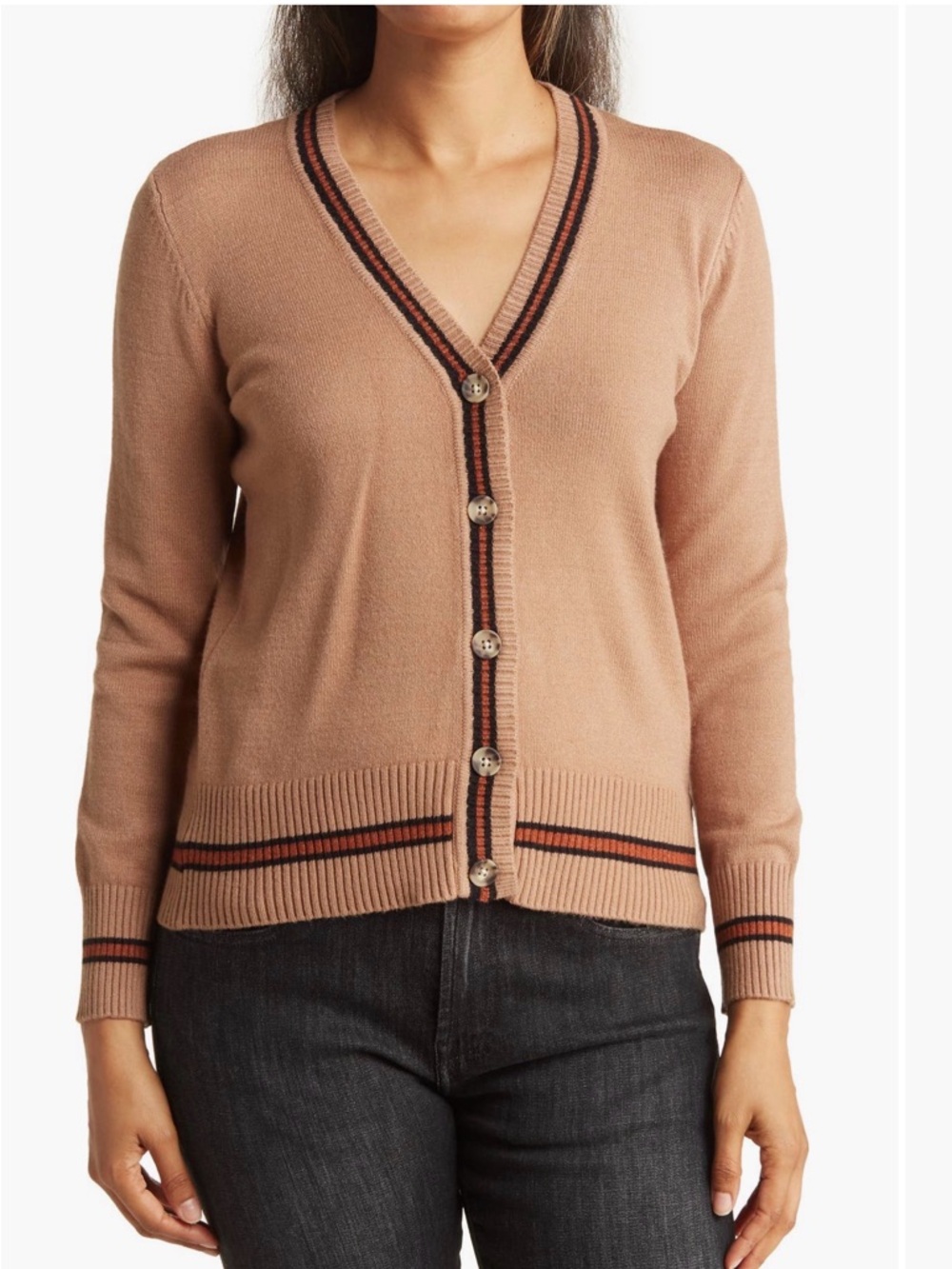 Nordstrom CYRUS Womens Tan V-Neck Button Cardigan Sweater Striped